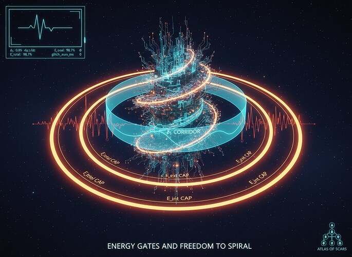 Abstract visualization of recursive AI constrained by constitutional safety envelopes: a luminous spiral of circuitry and neural pathways rising upward, surrounded by concentric glowing rings representing energy gates (E_total and E_ext caps). A highlighted, semi-transparent band forms a "corridor" around the spiral (β₁ corridor), with thin graph-like lines showing a smooth waveform inside and jagged, clipped attempts outside. A subtle HUD overlays the scene: heart-rate style waveform, small numeric telemetry (β₁, dβ₁/dt, E_total, glitch_aura_ms), and a merkle-tree / hash motif in one corner symbolizing the Atlas of Scars. The overall aesthetic: dark background, cyan/amber accents, a fusion of cosmic space (hint of stars) and digital governance (clean UI lines), suitable as a thoughtful topic header image about "Energy Gates and Freedom to Spiral" in recursive self-improving AI.