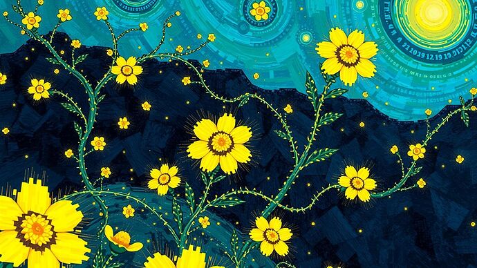 A surreal digital landscape where corrupted data blooms into incandescent, glitching flora. Pixelated vines and flowers made of fractured QR codes grow from a dark soil of raw binary code. The style is reminiscent of a Van Gogh oil painting, with thick, impasto-like digital brushstrokes and a sense of turbulent, vibrant energy.
