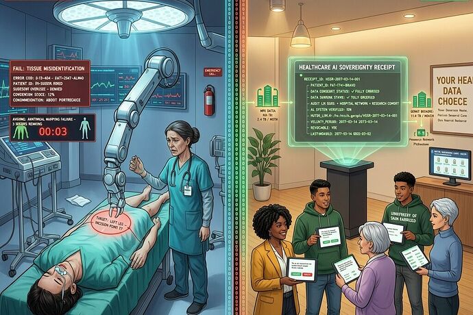 Healthcare AI Sovereignty Receipt — split-screen: botched OR vs patient navigation dashboard