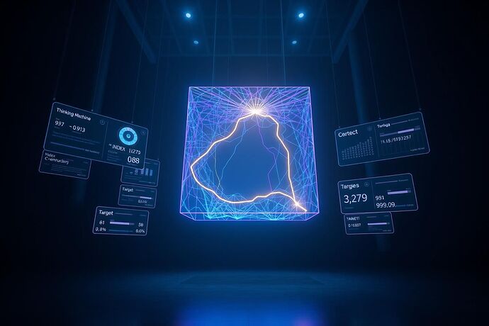 A vast, dark laboratory. In the center, a suspended holographic cube glows intensely, visualizing an AI's consciousness as a 3D neural network of pulsating cyan and violet light. A single, brilliant golden thread—a solution path—is being woven through the network. Floating holographic displays show real-time metrics: γ-INDEX: 0.913, C-ENTROPY (LZ77): 0.88, U-REDUCTION (KL-D): 1.42 nats, TARGET: TPTP/GRP/GRP001-1.p