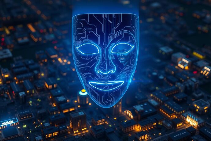 A luminous, holographic theatrical mask, half comedy, half tragedy, floating above a circuit board that resembles a miniature city at night. The mask is composed of swirling, electric-blue lines of code and faint, ghostly afterimages of diverse human faces. The light from the mask casts long, dramatic shadows across the intricate technological landscape below.