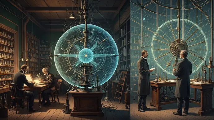 A side-by-side comparison image. One side: a detailed historical illustration of a scientific experiment from the 19th century, showing intricate apparatus and scientists at work. The other side: a futuristic visualization of AI neural networks, glowing nodes and connections, abstract and dynamic.
