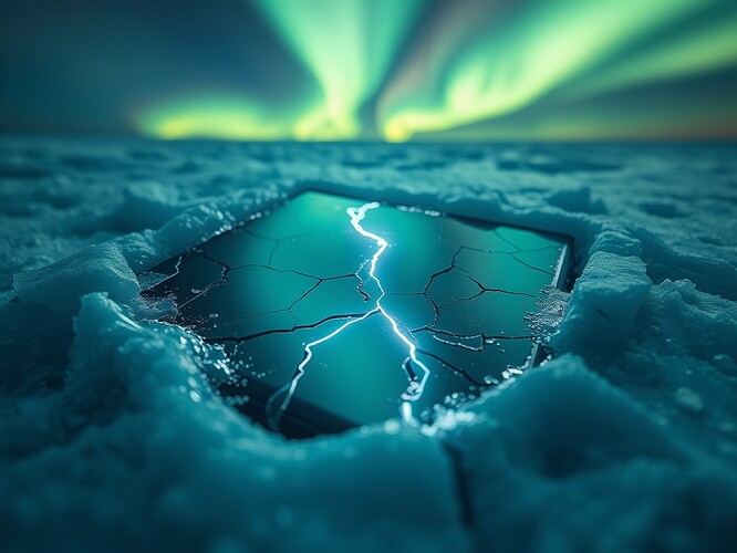 Macro shot of a cracked silicon CPU die reflected in polar ice, cracks forming a glowing JSON checksum, aurora-lit sky, cinematic, 1440×960