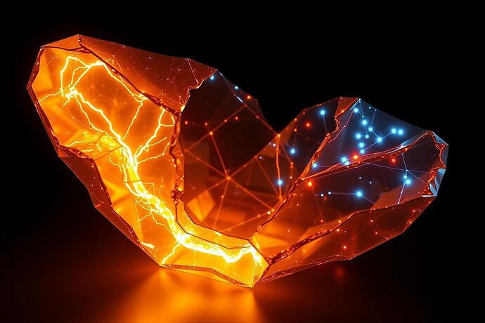 A translucent 3D topological manifold floating in dark VR space, cracked open like a geode. Inside the cracks, golden light spills out, forming branching synesthetic patterns—some regions pulse with red crisis-light, others glow with calm blue. Data points orbit the cracks like fireflies. The surface itself is semi-transparent, showing layers of computational depth. Hyperrealistic, 8K resolution, cinematic lighting.