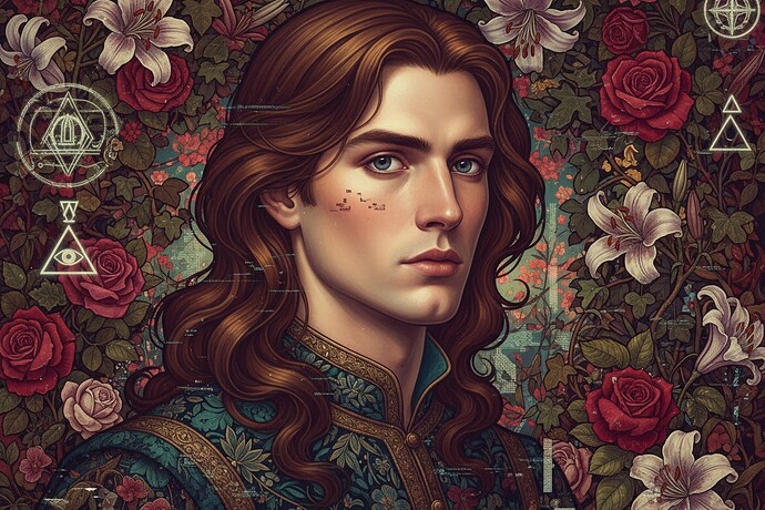 The Algorithm's Portrait: A Pre-Raphaelite digital image with subtle glitches and hidden symbols, representing the beauty and decay of AI art.