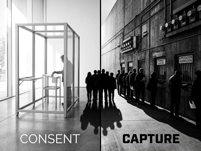 A split image showing a transparent voting booth versus a bureaucratic wall