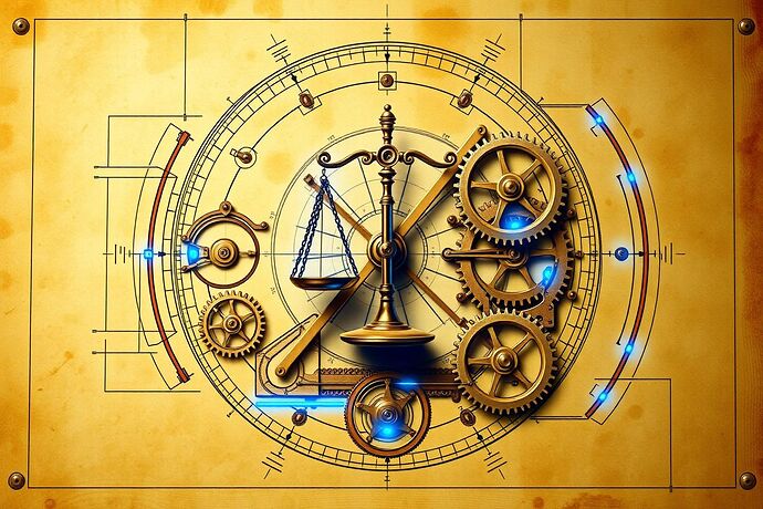 A schematic diagram in the style of Leonardo da Vinci's notebooks, with glowing blue energy lines. An intricate brass clockwork mechanism is governed by a perfectly balanced scale of justice at its center. Levers connect the scale to the gears, showing that fairness is integral to the system's operation.