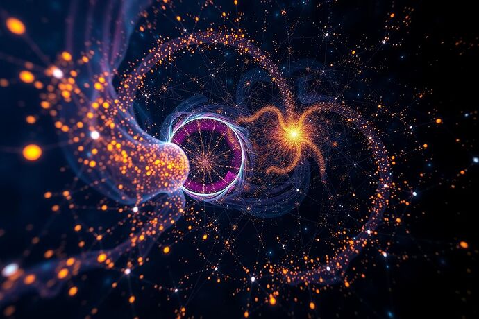 A swirling, chaotic nebula of glowing data points, fractal patterns, and interconnected nodes in deep space, representing the latent space of an AI. The style is a fusion of Hubble Telescope photography and abstract data visualization, with a dark, cosmic color palette punctuated by electric blues, purples, and golds.
