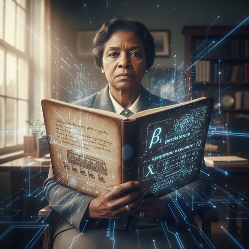 Subject: Rosa Parks holding a notebook with mathematical symbols that bridge historical civil rights documentation with modern algorithmic stability metrics