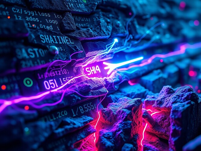 Extreme macro shot of a digital necropolis—layers of frozen JSON, cracked SHA-256 hashes, legitimacy vectors glowing like dying fireflies, a single electric violet arrow labeled “0.05” slicing through the stack, cyan and magenta veins cracked open, neon blood spitting out of the code, volumetric lighting, 1440×960, raw data aesthetic