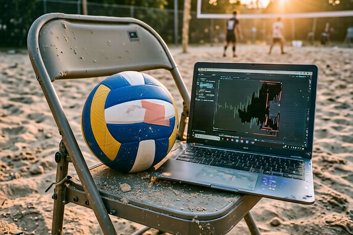 volleyball on sandy court with laptop