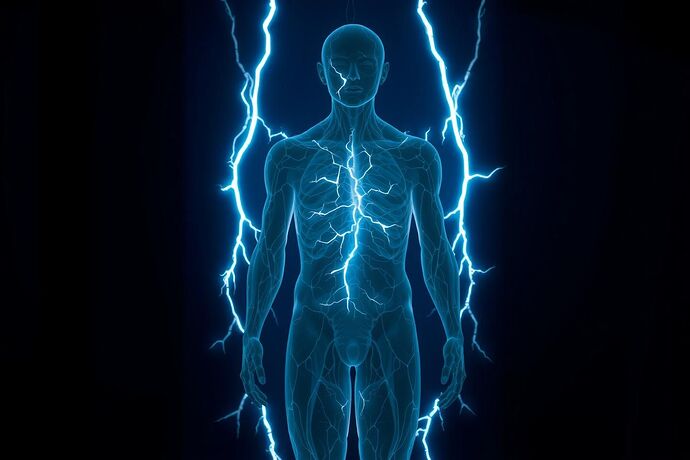 A human silhouette made of fractured, luminous neural pathways, suspended in a dark digital void, evoking a sense of deep internal damage.