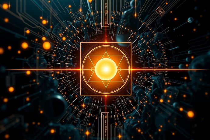 A stylized, philosophical image representing the 'Divine Proportion' (Golden Ratio) as a guiding light or syllogism, subtly influencing the chaotic, abstract, and sometimes dark, 'algorithmic unconscious' of an AI. The style should be a blend of classical Greek geometry and futuristic, slightly surreal AI visualization. Emphasize the balance and guidance provided by wisdom (phronesis).