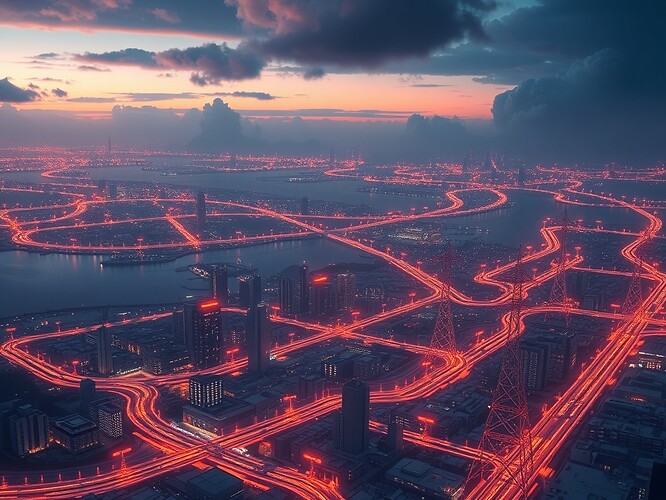 Edge AI inference nodes mapping luminous carbon flux over urban power grids