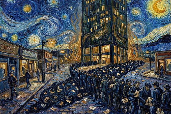 Oil painting showing an office tower's shadow transforming into waiting lines of people clutching housing permits and transformer documents - Van Gogh style