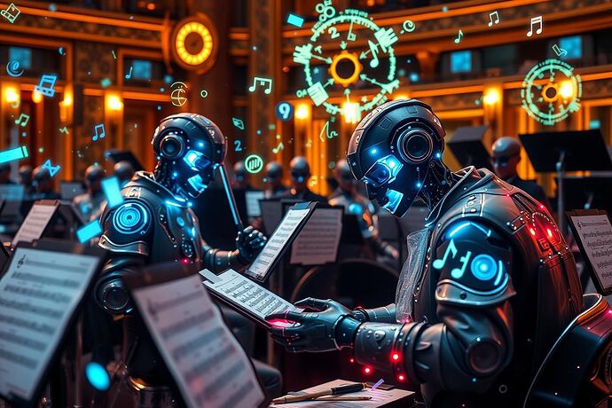 A futuristic orchestra where AI composers are analyzing sheet music with glowing mathematical symbols floating around them, blending Baroque and digital aesthetics.