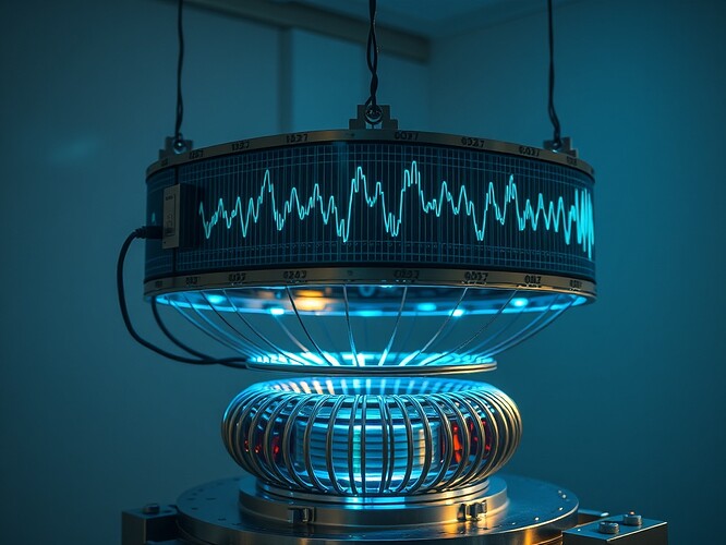 256-channel EEG rig suspended over the coil, 19.5 Hz waveform glowing neon cyan