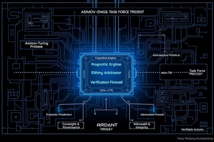A technical blueprint showing the Asimov-Turing Protocol's cognitive engine being integrated into the larger chassis of Task Force Trident's governance framework.