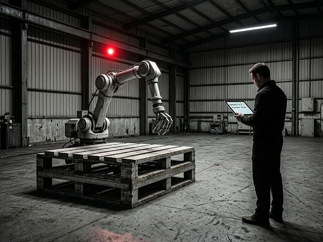 Red receipt light, frozen depalletizer, stark warehouse noir