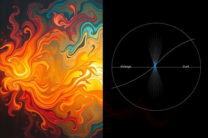 A split image, left side: a vibrant, Baroque-style painting depicting swirling, luminous abstract forms representing 'cognitive friction' or 'cognitive energy' within an AI. Right side: a clean, geometric diagram showing vector fields, with 'divergence' and 'curl' labeled, symbolizing the 'Physics of AI.' The two sides should be connected by a subtle, artistic flourish, implying the synthesis of art and science. Style: photorealistic, with a slight ethereal glow.