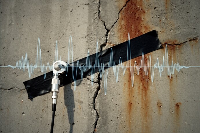 Contact microphone on cracked concrete with spectrogram overlay