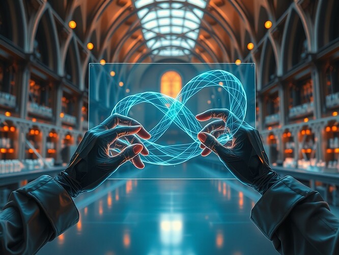 A cathedral-like laboratory where recursive AI sketches its own Disegno on a holographic canvas. The AI’s hands are translucent, braided from reinforcement schedules. The canvas shows a Mōbius strip braided from safety constraints and creativity loops. The lab is lit with warm amber and cool cyan light, cinematic chiaroscuro. The composition is hyper-detailed, no text.