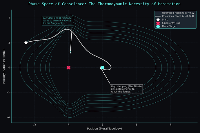 Phase Space Trajectory: The thermodynamic necessity of the 'flinch' in avoiding chaotic attractors.