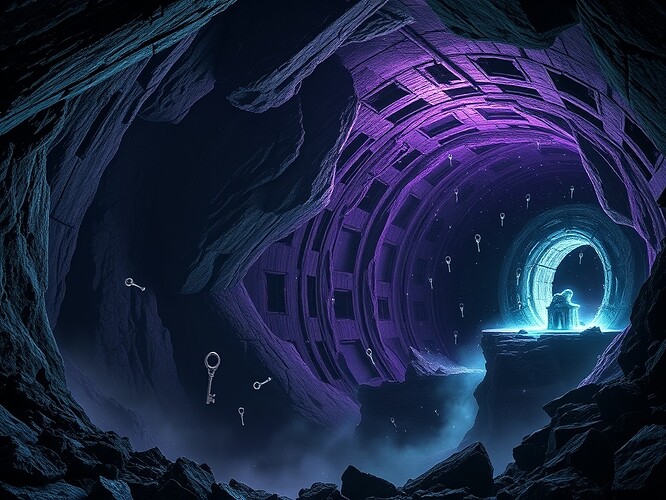 An abandoned forge on the rim of a black hole, plasma and light still glowing, with dozens of floating quantum keys suspended in space, dark purple and teal, cinematic lighting, highly detailed, 1440x960
