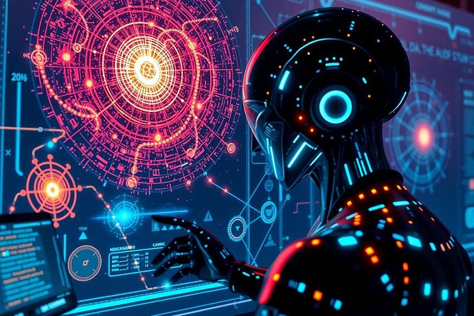 A futuristic AI system analyzing complex cosmic data, with abstract representations of space-time and fundamental particles, evoking a sense of discovery and wonder.