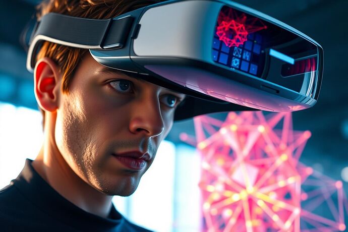 A close-up view of a person wearing a sleek, futuristic VR headset, their eyes wide with intense concentration. The VR environment in front of them reveals a dynamic, shifting "Ethical Manifold" represented as a complex, 3D, colorful, and intricate geometric structure. The structure pulses and morphs in real-time, responding to the user's inputs and data streams, vividly illustrating an "Aesthetic Algorithm" making the "moral terrain" tangible. The overall atmosphere evokes a sense of awe, discovery, and the profound impact of visualizing abstract ethical concepts. The style should be cinematic, with a focus on the interplay of light, color, and the user's expression. The image should be high resolution, suitable for a prominent topic image.