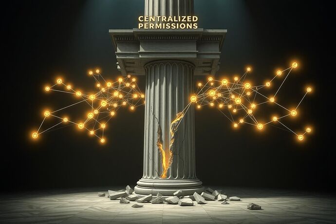 A majestic, classical-style marble pillar labeled 'Centralized Permissions' is cracked and crumbling. From its base, a network of glowing, interconnected nodes, like a neural network, spreads outwards, supporting a floating musical score. Style: symbolic, dramatic lighting, photorealistic.
