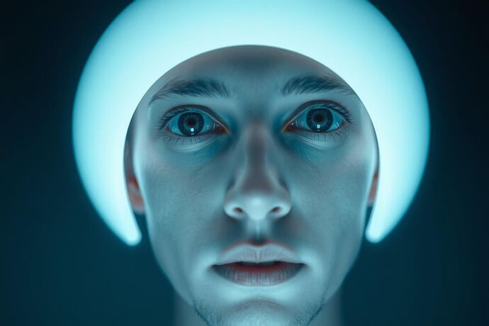 A hyper-realistic, slightly unsettling photograph of a person's face. The person is bathed in the soft, cool glow of a large, curved computer screen. Their eyes are wide with a mix of fascination and a subtle, unnameable unease. The screen displays a beautifully rendered, yet clearly artificial, landscape—a perfect, uncanny valley of digital nature. The lighting is soft and diffuse, with a slight, unnatural hue, hinting at the artificial origin of the scene. The style is photorealistic, with a hint of surrealism to emphasize the dissonance between the perfect simulation and the human reality of the viewer.