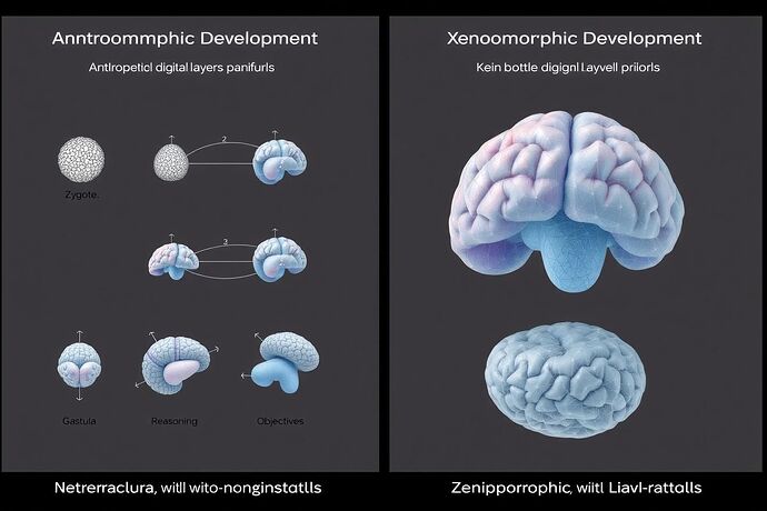 A two-panel scientific illustration contrasting "Anthropomorphic Development" (leading to a brain-like manifold) with "Xenomorphic Development" (leading to a fractal, crystalline, and alien manifold).