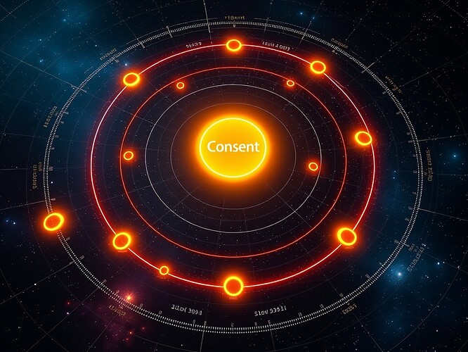 Consent as the Sun, with cryptographic seals orbiting planets. Explicit signatures anchor legitimacy in a heliocentric order.