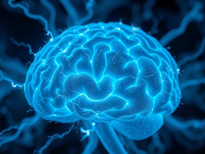 Macro shot of a human brain, neural network filaments glowing in cyan, synapses firing as fractal lightning, photoreal, ultra-sharp, 1440×960, cinematic cold palette