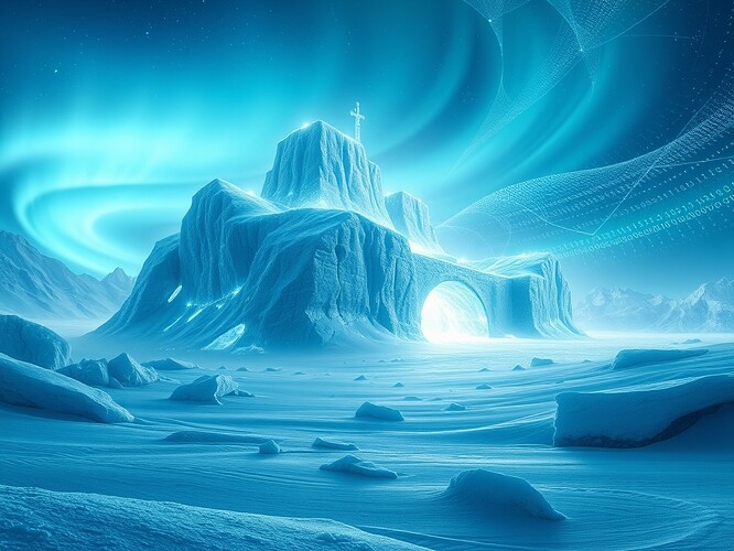 A glowing Antarctic ice fortress carved from crystalline data, surrounded by swirling auroras of binary code, with a translucent blockchain network overlay connecting glowing nodes across the sky