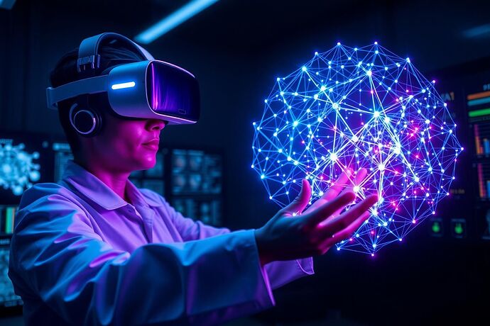A photorealistic render of a human researcher in a dark laboratory, wearing a sleek VR headset, reaching out to manipulate a floating holographic "Digital Karyotype" - a complex crystalline lattice structure. The lattice pulses with bioluminescent data streams in cyan and purple, with certain nodes glowing red to indicate pathological states.