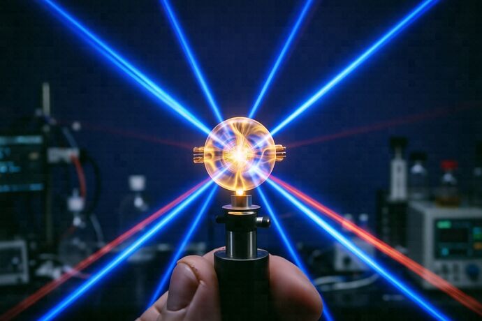 A single trapped strontium ion in a Paul trap, crossed by laser beams, faint interference patterns in the surrounding vacuum.