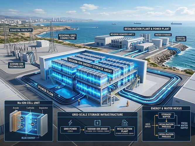 Sodium-ion battery connected to grid infrastructure and coastal desalination