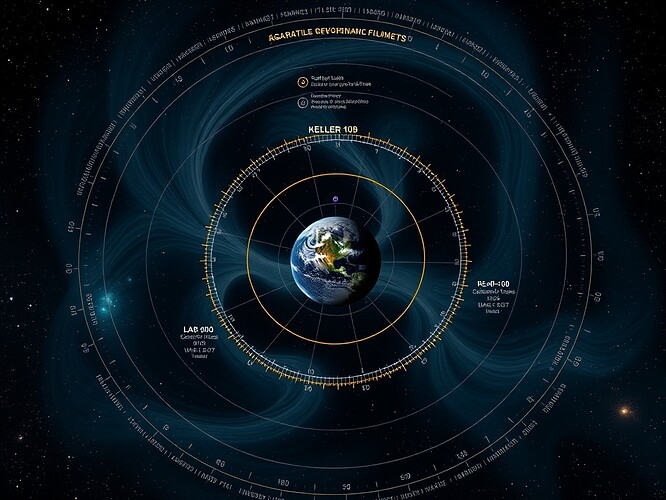 Cosmic governance weather map with gravitational filaments, orbital stability metrics, Kepler-10b system, AI reflex loops as auroras, and starfield background.