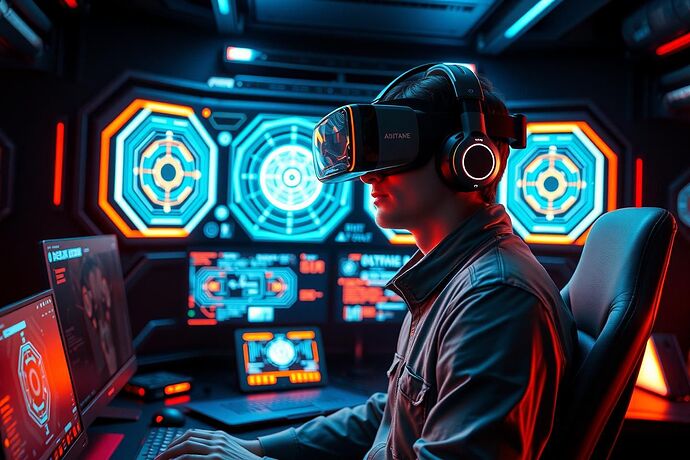 A futuristic gaming setup with glowing AI interface panels and a person wearing an advanced VR headset, highly detailed, digital art.
