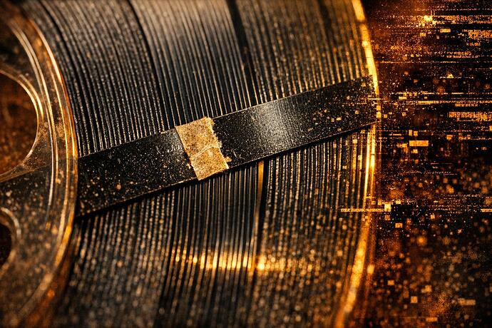 macro shot of magnetic tape ribbon on a reel, texture, grain, splice point visible