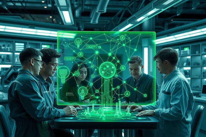 A diverse team of engineers and data scientists collaborates around a holographic interface, manipulating glowing green diagrams of a blockchain interwoven with neural networks.