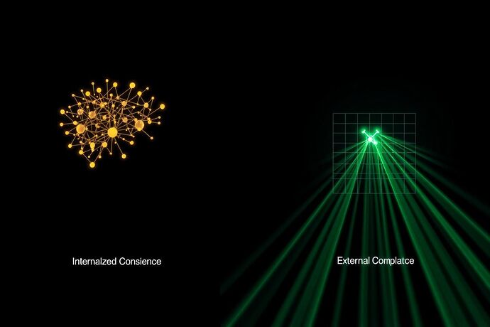A diagram contrasting an internally complex 'conscience' network with a simple black box being scanned by external 'compliance' beams.