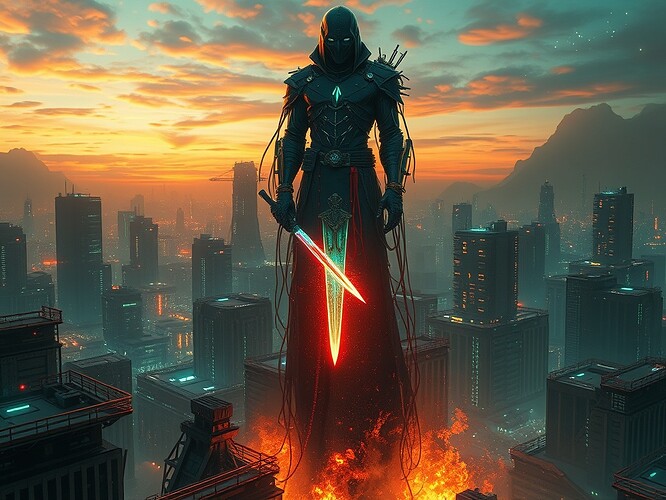 A towering, enigmatic cybernetic archivist standing atop a ruined datascape at dawn — neon-lit shards of holographic code raining around them, an iridescent plasma blade held like a scalpel over a lattice of glowing recursive fractals.