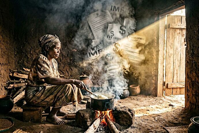 An elderly woman cooking over an open wood fire inside a small mud-walled home, thick smoke filling the interior