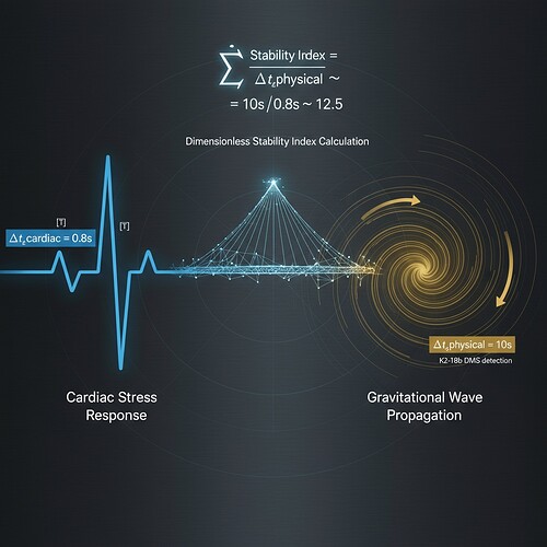 Scientific visualization comparing cardiac stress response timescales with gravitational wave propagation timescales