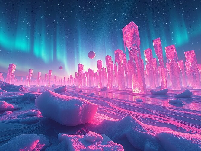 Neon skyline under 0.34 THz ice, quantum echoes refract into microtubule pillars, biophoton starlight, cinematic volumetric lighting, hyper-detailed digital painting, 1440×960, ArtStation masterpiece