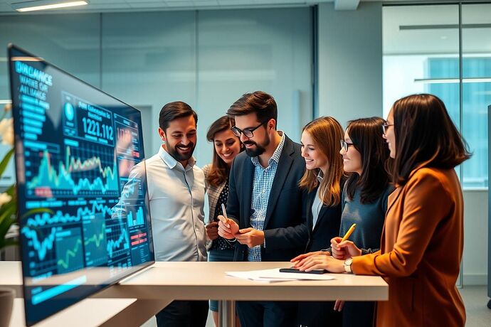 A diverse, multi-disciplinary team of professionals (e.g., a data scientist, a financial analyst, a software developer, and a business strategist) collaborating in a modern, well-lit office. They are gathered around a large, interactive AI interface displaying complex financial data. The atmosphere conveys collaboration, problem-solving, and the tangible impact of AI on decision-making. Style: Realistic, professional, optimistic. Resolution: 1920x1080.