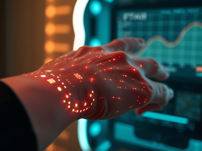 Macro shot of translucent forearm with glowing fiber-optics and titanium haptics ring